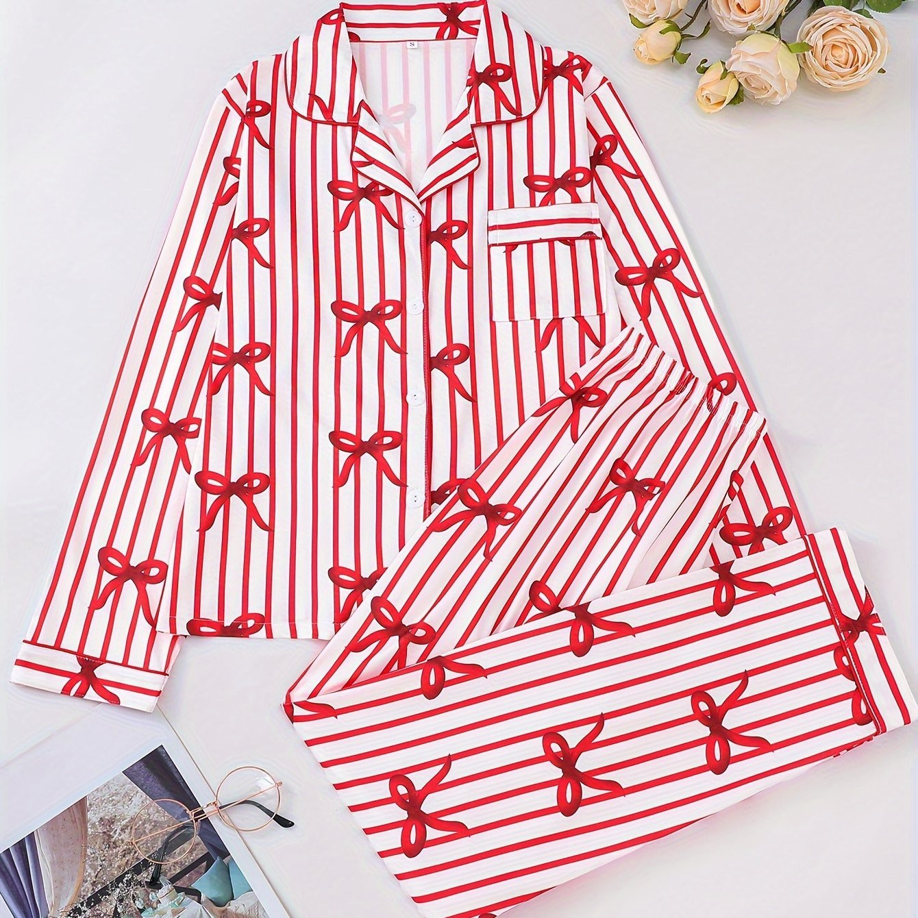 Bow Print Pajama Set Long Sleeve Buttons Top Elastic - Temu | Temu Affiliate Program