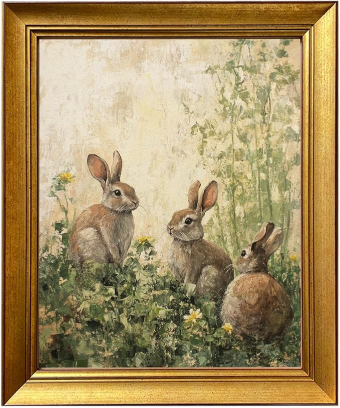Easter Bunny Wall Art Decor Vintage Gold Framed Wall Art Neutral Muted Rabbits in Spring Canvas O... | Amazon (US)
