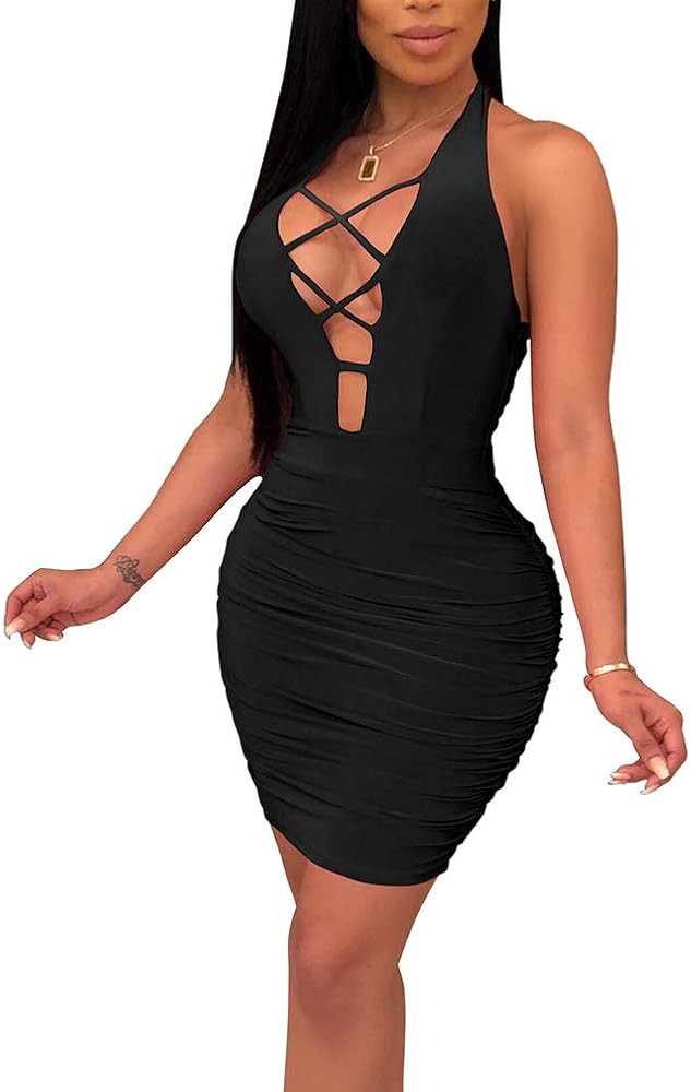 Antopmen Women Summer V Neck Sleeveless Front Lace Up Backless Ruched Bodycon Mini Club Dress | Amazon (US)