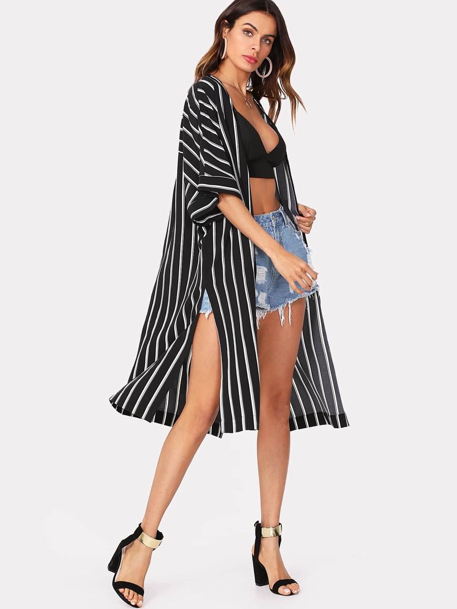 Vertical Striped Longline Kimono | SHEIN