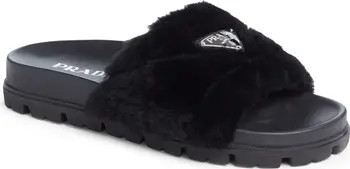 Prada Logo Genuine Shearling Slide Sandal | Nordstrom | Nordstrom