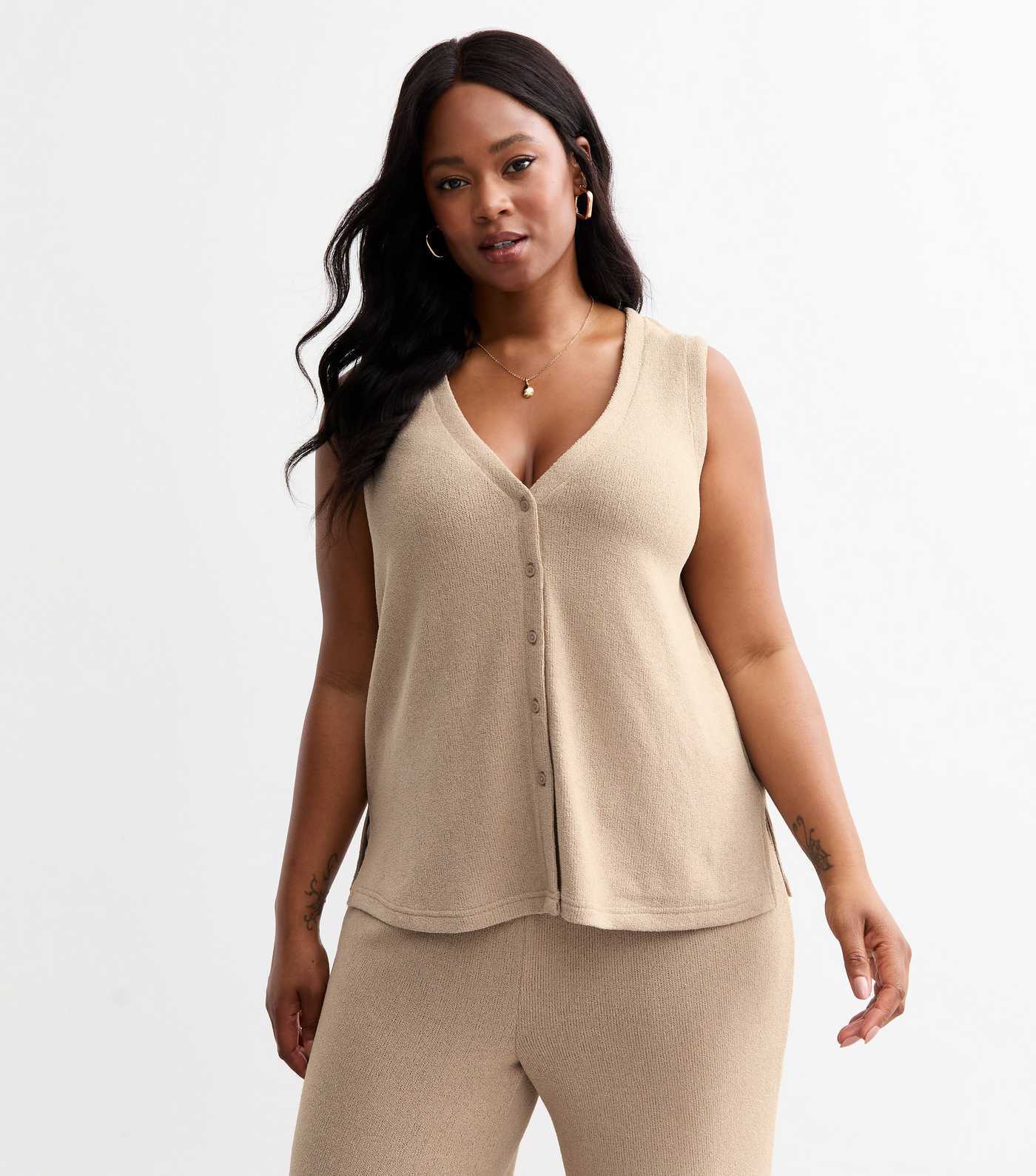 Curves Mink Button Through Knit Vest | New Look | New Look (UK)