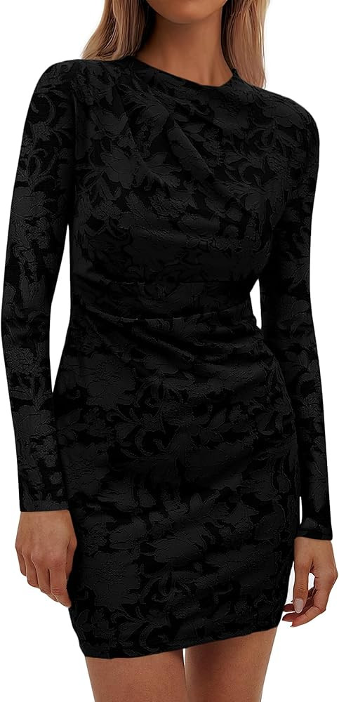 PRETTYGARDEN Women's Fall Bodycon Dresses 2025 Sexy Long Sleeve Ruched Lace Floral Mini Party Dre... | Amazon (US)