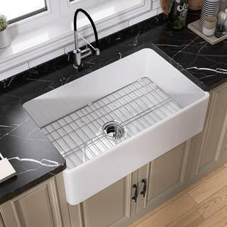 Dior 33 in. Apron Front Single Bowl Fireclay Farmhouse Farm Kitchen Sink with Bottom Grid and Strainer in Glossy White | The Home Depot