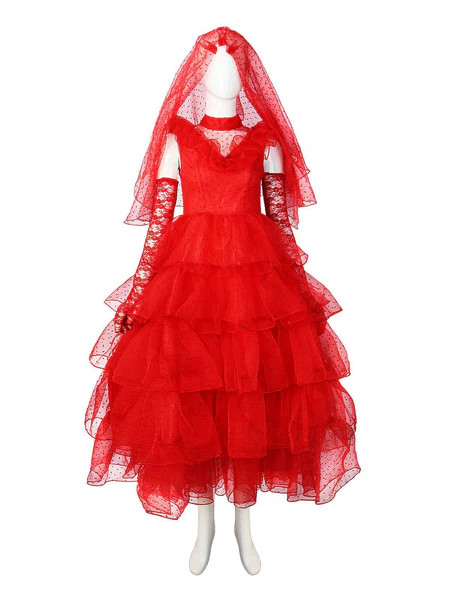 Red 1950s Halloween Ghost Bride Dots Dress Set | Retro Stage