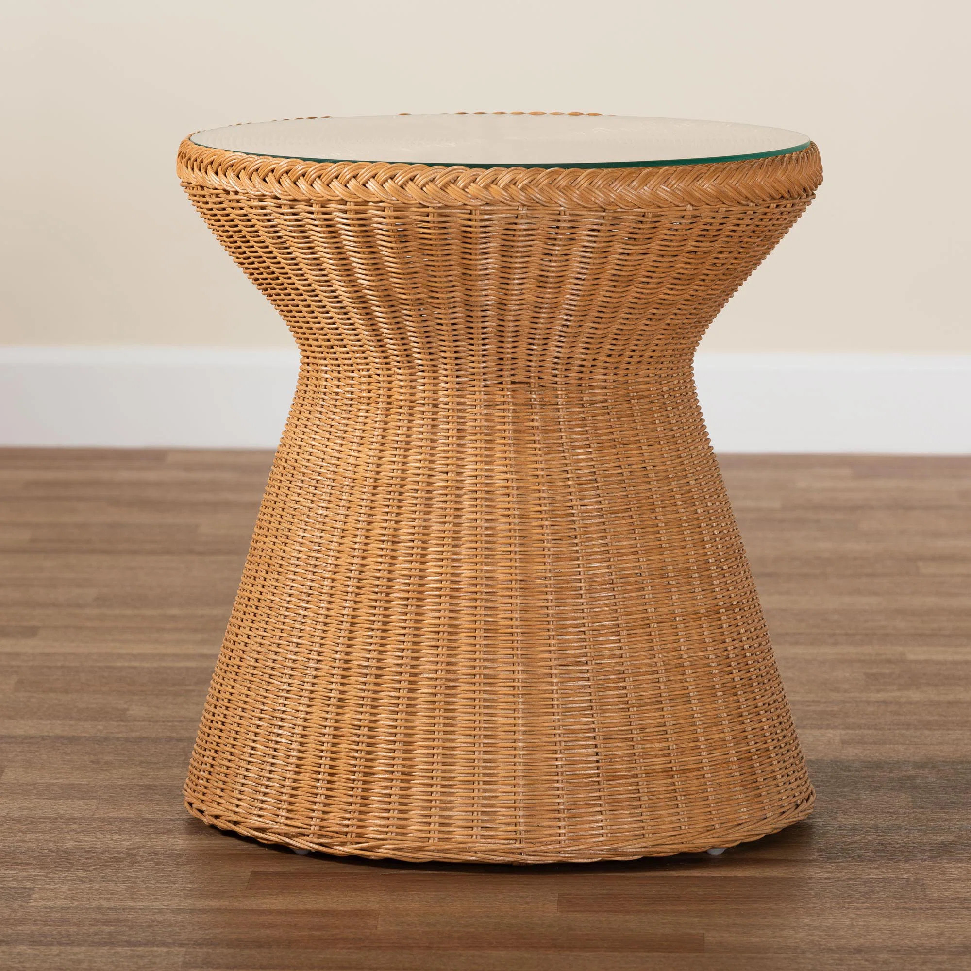 Bethyl Bali & Pari Nina Bohemian Light Honey Braided Rattan End Table With Glass Tabletop | Wayfair North America