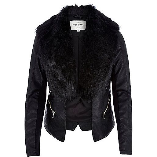 Black leather-look faux fur jacket | River Island (UK & IE)