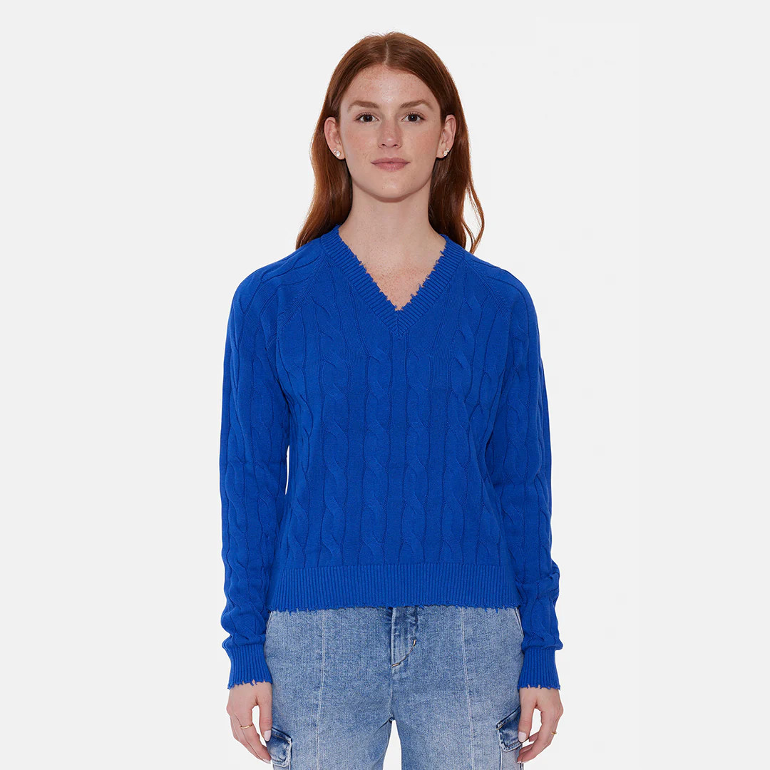 Amber Cable V Neck Sweater Bright Blue | Blue & Cream
