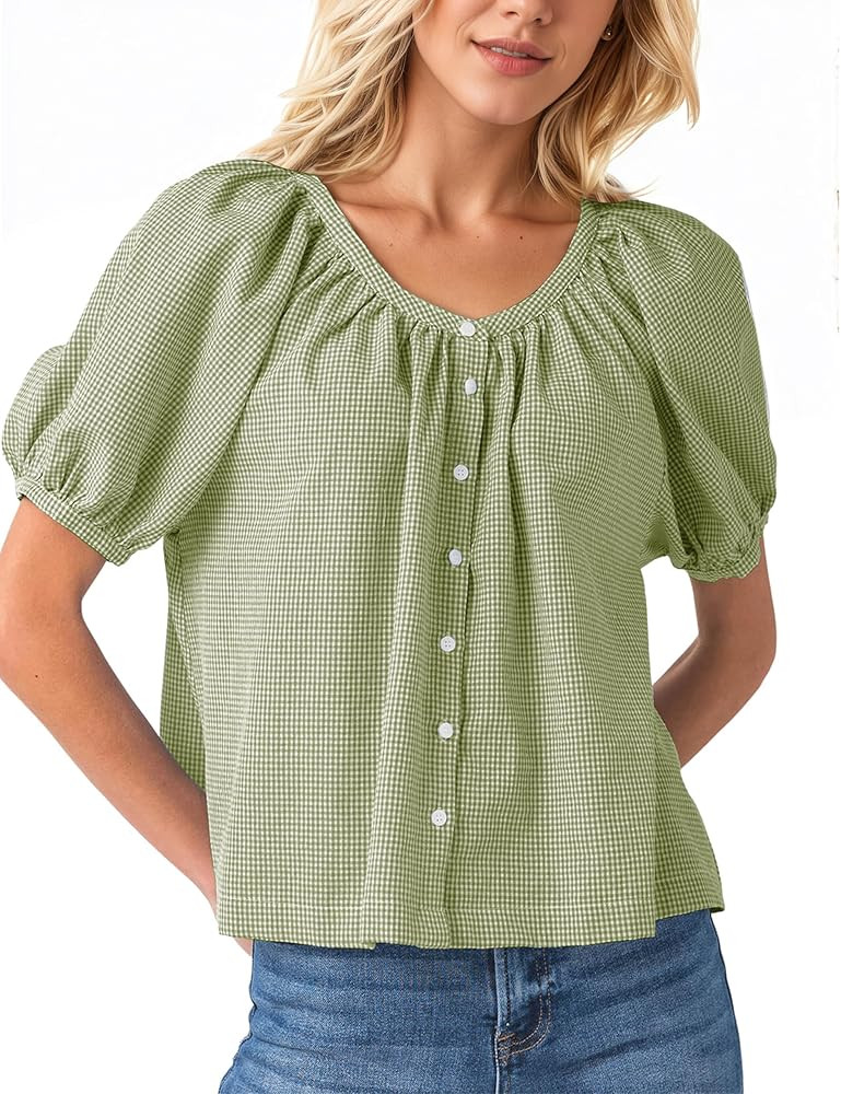 MISSACTIVER Plaid Puff Short Sleeve Shirts Women Button Down Crew Neck Babydoll Tops Summer Flowy... | Amazon (US)