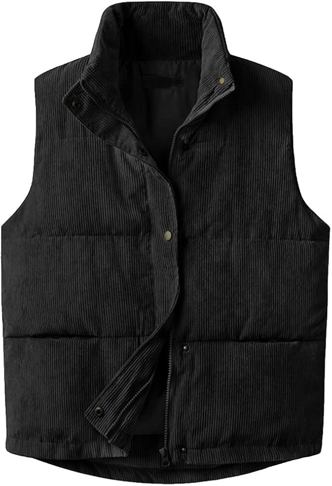 Womens Corduroy Puffer Vest Stand Collar Zip Snap Button Sleeveless Warm Waistcoat Padded Gilet | Amazon (US)