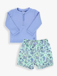 Periwinkle Zipper Long Sleeve Rash Guard & Sea Glass Paisley Trunk Set | RuffleButts / RuggedButts