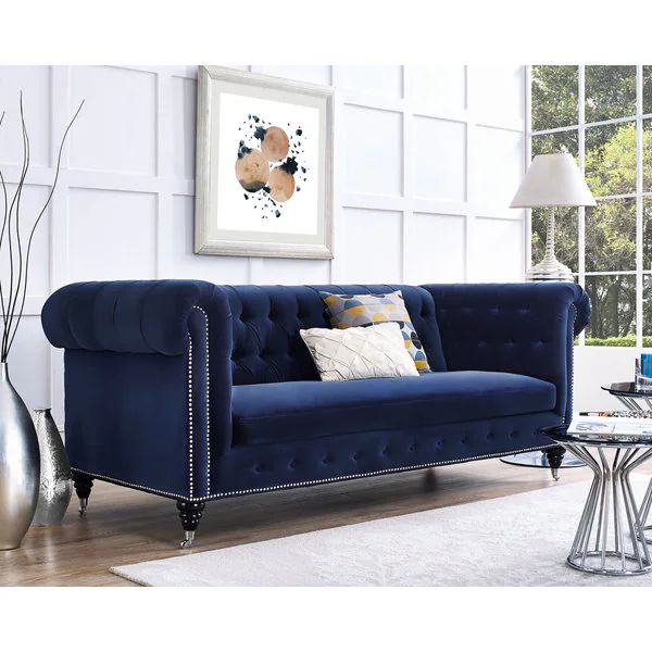 Hanny Navy Blue Velvet Nailhead Trim Tufted Sofa | Overstock
