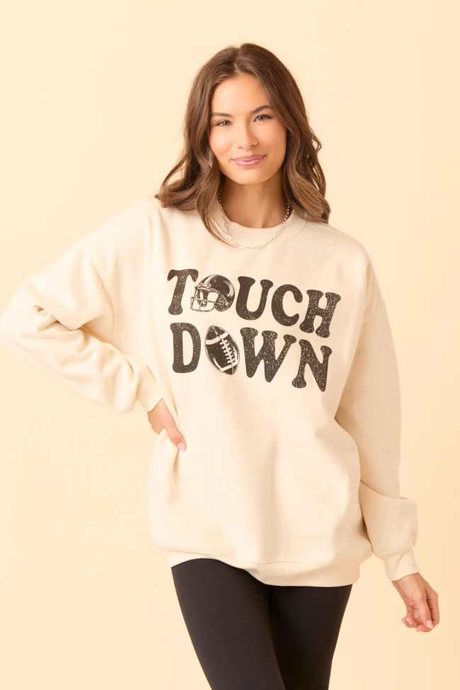 Touchdown Printed Cream Graphic Sweatshirt | Pink Lily