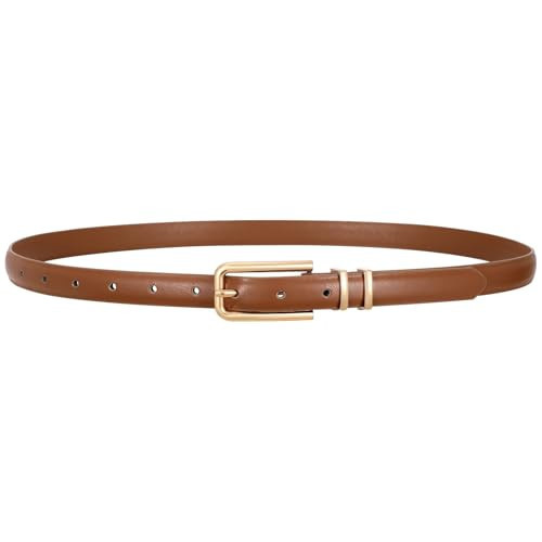 VONMELLI Women Skinny Leather Belt Thin Waist Brown Belt for Women Jeans Dress Fashion Ladies Belt with Gold Buckle, S | Amazon (US)