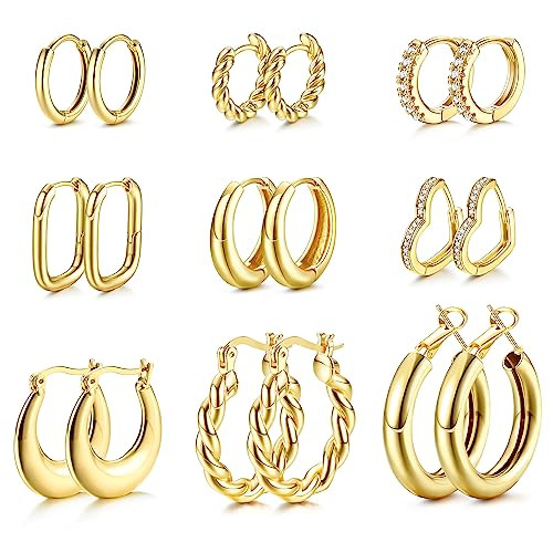 BESTEEL 9 Pairs Gold Hoop Earrings for Women Trendy 14K Gold Plated Chunky Hoop Earrings Hypoallergenic Twist Geometric Heart Huggie Hoops Earrings Non Tarnish Gold Earrings Set for Women Graduation | Amazon (US)