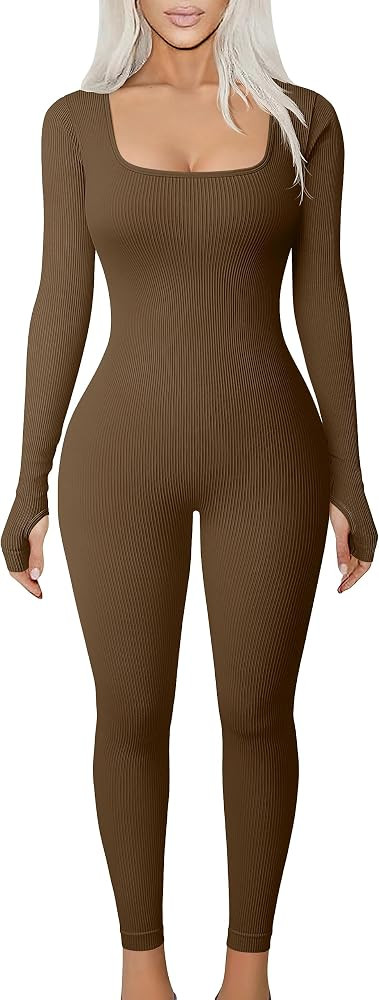TOB Women Yoga Jumpsuits Workout Ribbed Long Sleeve Square Neck Sport Jumpsuits | Amazon (US)