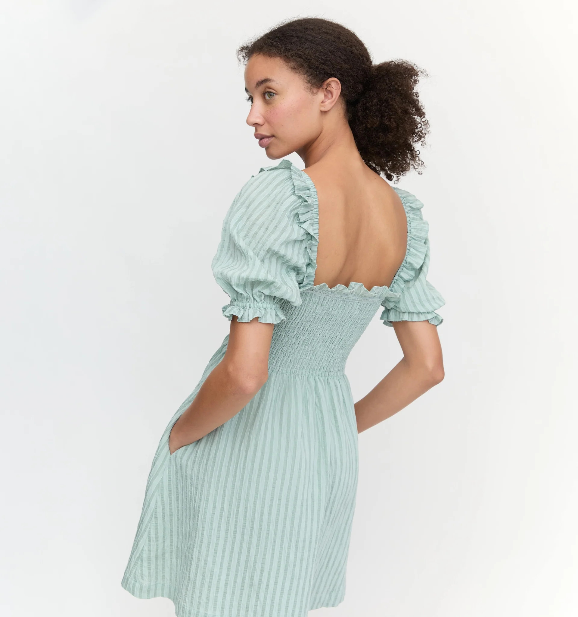 The Scarlett Mini Nap Dress - Soft Green Tonal Seersucker | Hill House Home US