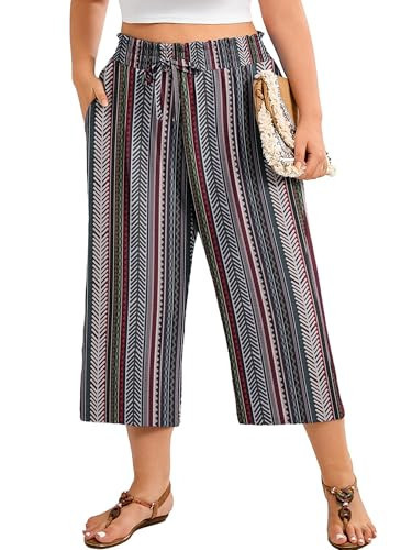 AusLook Plus Size Capri Wide Leg Pants for Women with Pockets High Waisted Elastic Drawstring Summer Casual Flowy Boho Vacation Beach Cropped Tribal Chevron Stripes 1X Trousers | Amazon (US)