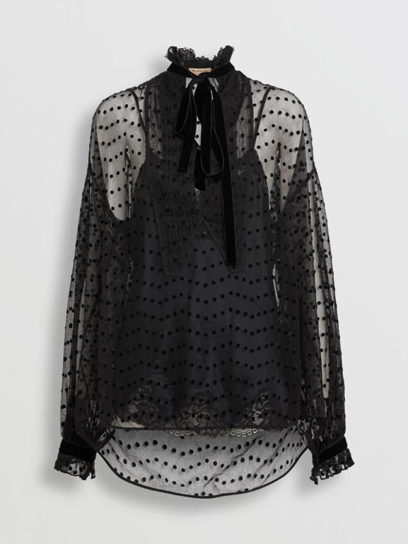 Polka-dot Flock Tulle Tie-neck Blouse in Black - Women | Burberry United Kingdom | Burberry (UK)