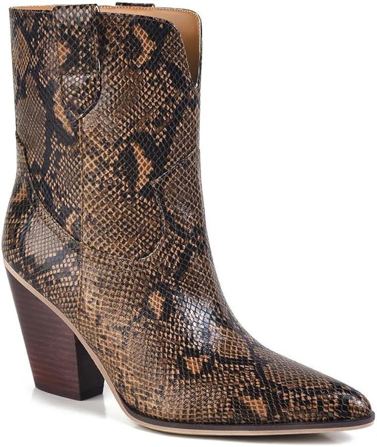 Snakeskin Ankle Boots for Women Pointed Toe Snake Booties Chunky Block Heel Pull on Snake Skin Fa... | Amazon (US)