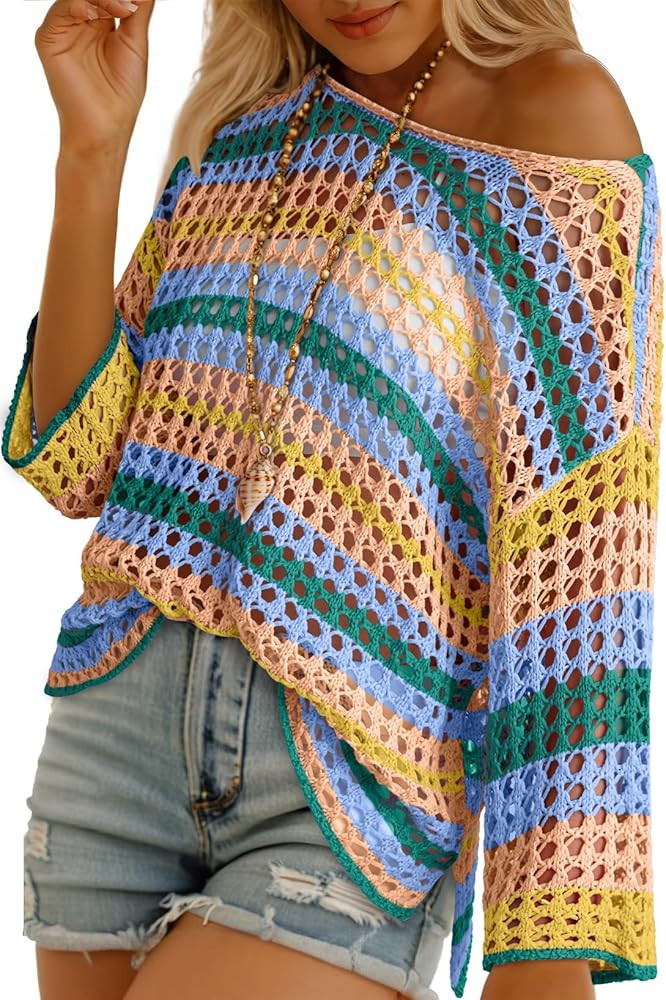 Dokotoo Womens Spring Summer 3/4 Sleeve Crochet Sweater Hollow Out Color Block Striped Tops Casua... | Amazon (US)
