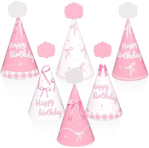 24pcs Pink Bow Party Hats Bows Birthday Supplies Coquette Bow Cone Hat Pink and White Happy Birth... | Amazon (US)