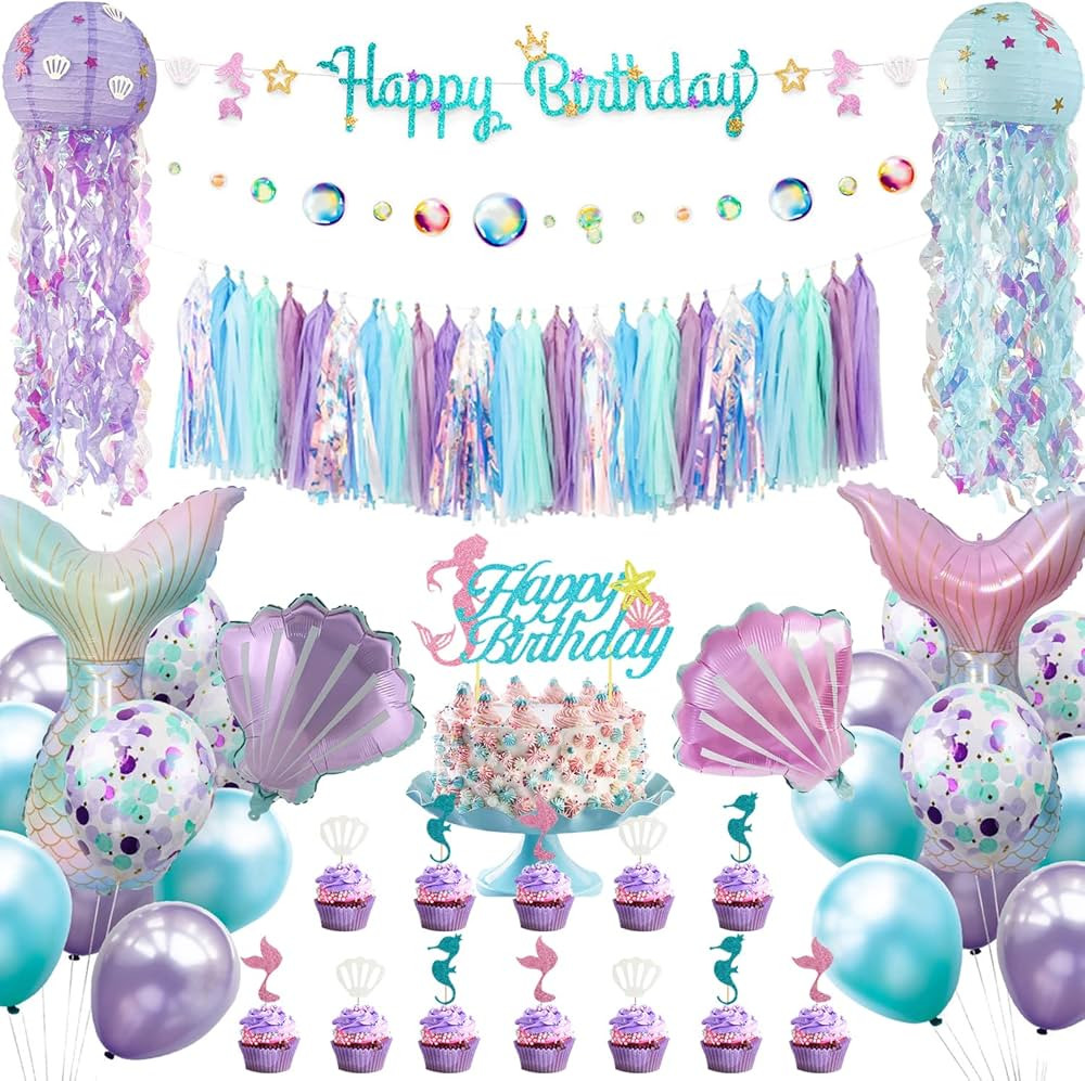 Mermaid Birthday Party Decorations Supplies Banner Tassel Garland Bubble Garland Hanging Jelly Fi... | Amazon (US)