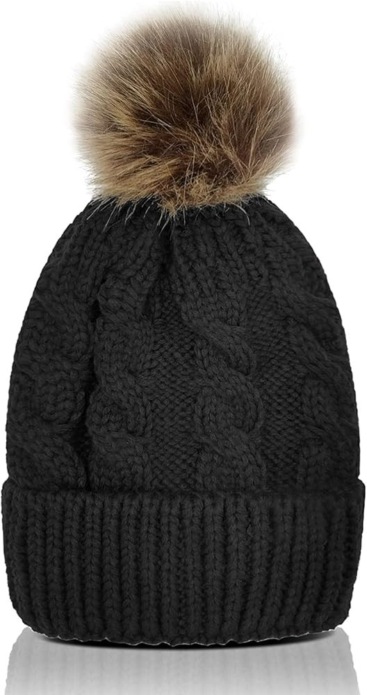 Whiteleopard Kid Beanie Hats Lining Pom Pom for Children -Slouchy Cable Knit Toddler Skull Hat Ba... | Amazon (US)
