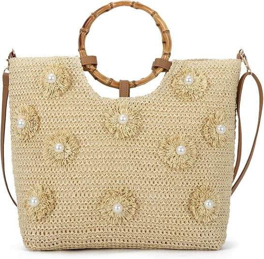 Beach Bags for Women, Summer Beach Woven Bag, Flower Pearls Straw Tote Bag for Summer Vacation | Amazon (US)