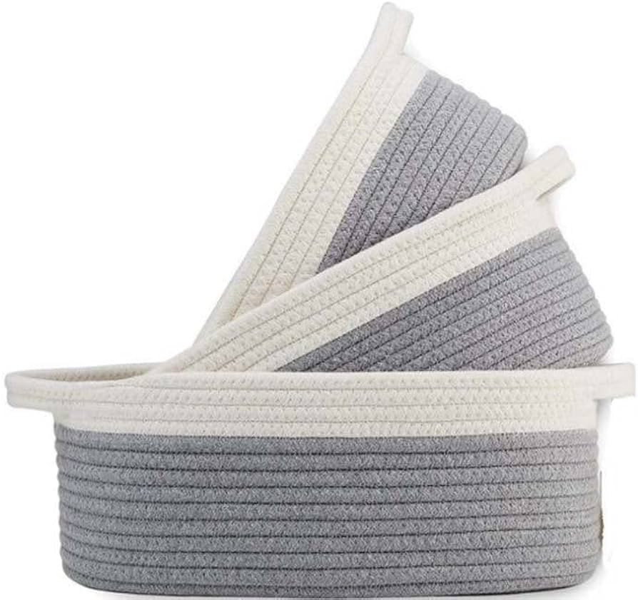 Set of 3 Oval Cotton Rope Storage Baskets – Small, Medium & Large Natural Woven Basket Set with... | Amazon (US)