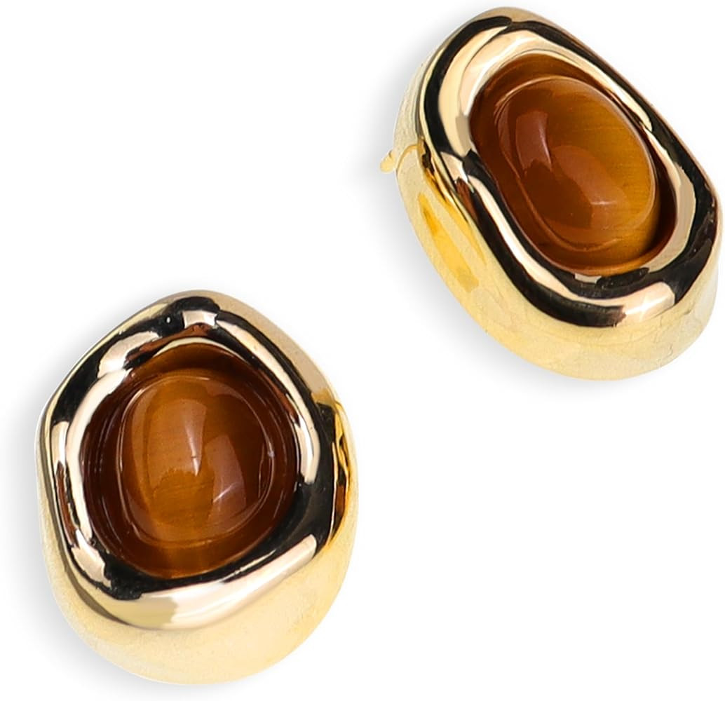 Jean Beau Chunky Gold Stone Stud Earrings for Women, Trendy Natural Gemstone Hypoallergenic Earin... | Amazon (US)