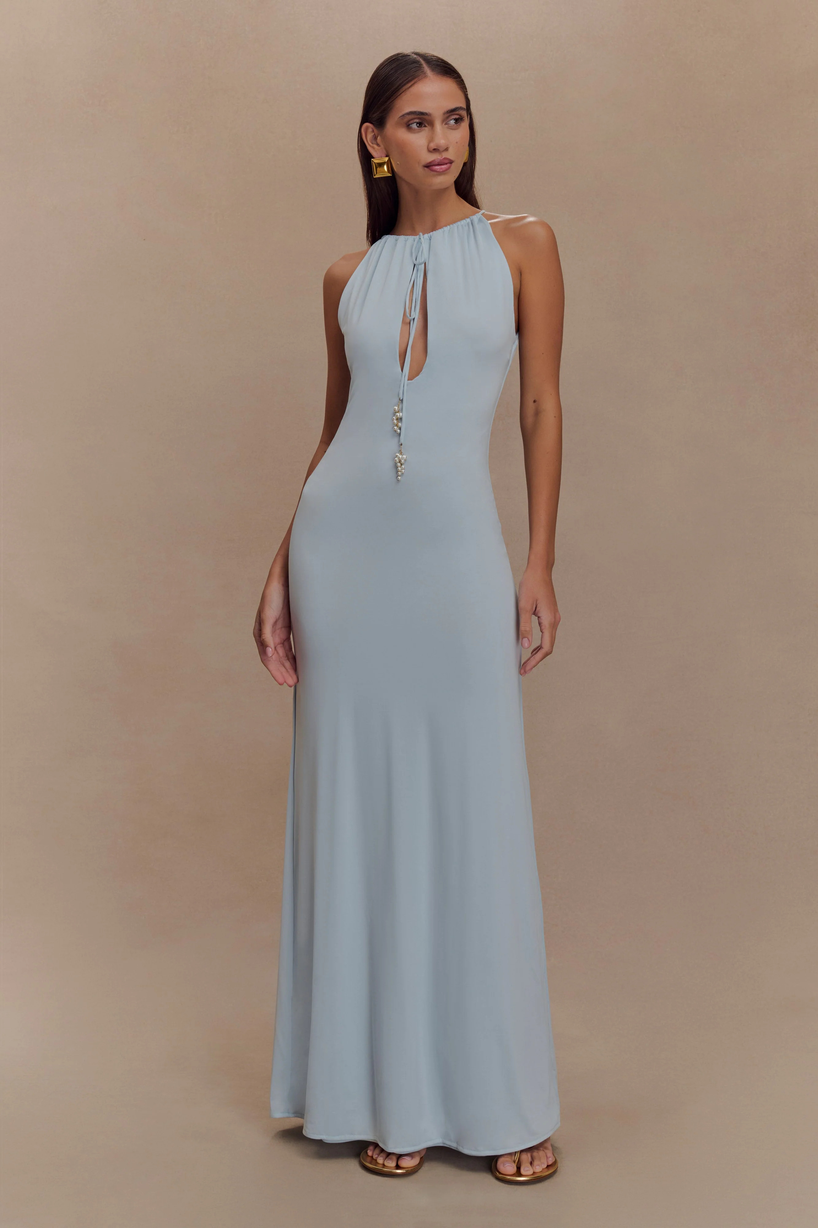 Beryl Slinky Maxi Dress With Pearls - Pale Blue | MESHKI US