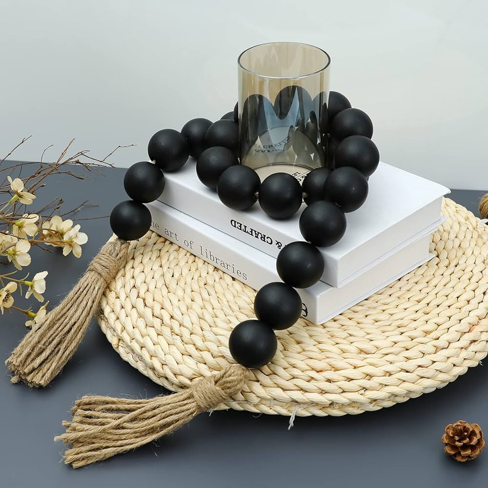 Large Black Wooden Beads Garland Farmhouse Decor 50inch long with 1.6" Diameter beads, Wood Beads... | Amazon (US)