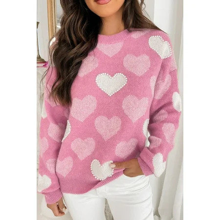 Plusashion Heart-Adorned Crew Neck Sweater: Romantic Soft & Stylish - Sizes S to XL | Walmart (US)