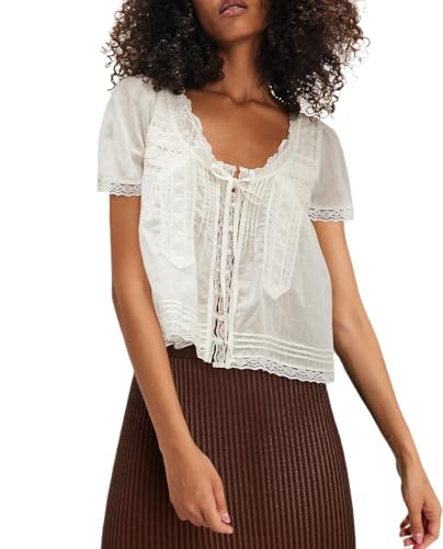 Amiblvowa Women's Lace Button Up Short Sleeve Semi Sheer Ruffle Blouse | Amazon (US)