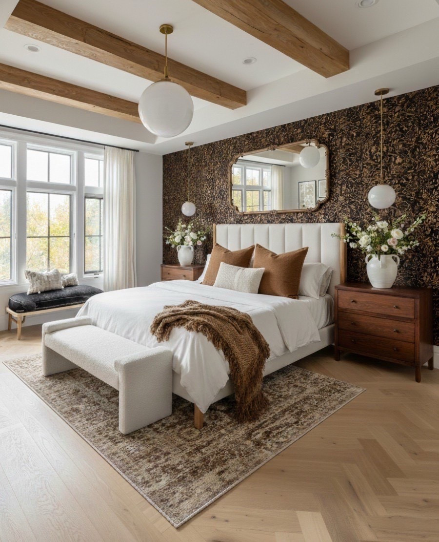 This bedroom brings together rich textures, warm tones, and classic craftsmanship to create a layered, elevated retreat. The upholstered headboard sets a soft focal point, framed by statement wallpaper that adds depth and drama without overwhelming the space. Warm wood nightstands anchor the room, while the pendant lights draw the eye upward to the exposed beams for a balanced mix of rustic and modern.

At the foot of the bed, the boucle bench adds softness and texture, paired with a warm throw that complements the earthy palette. The large area rug ties everything together, grounding the layout with subtle pattern and warmth. A window bench on the opposite end provides extra seating and a cozy place for morning light.

Shop the look:
– Channel tufted upholstered bed
– Boucle bedroom bench
– Warm-toned throw blanket
– Wooden 3 drawer nightstands
– Sculptural pendant lights
– Gold-framed statement mirror
– Textured floral wallpaper
– Vintage inspired area rug
– Window bench with layered pillows
– Ceramic vases with floral stems

Recreate this warm modern bedroom with neutral upholstery, natural woods, earthy tones, and textured decor for a space that feels luxurious, grounded, and effortlessly inviting. 

#LTKHome #LTKSaleAlert