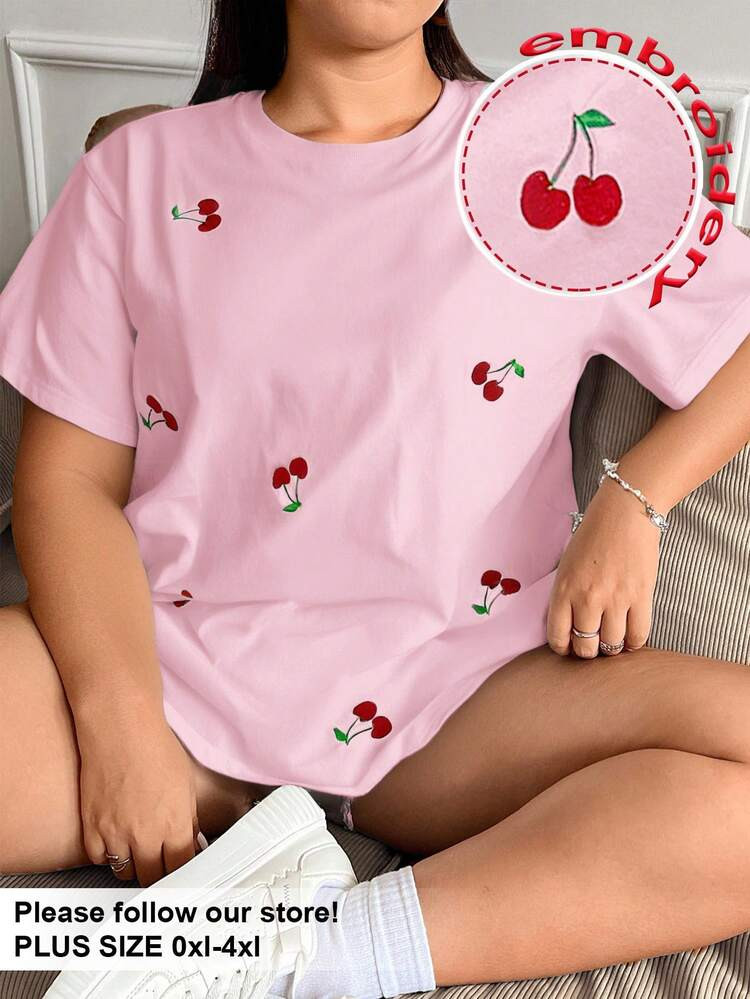Solflare Cherry Embroidery Casual Plus Size Short Sleeve T-Shirt, Pink | SHEIN