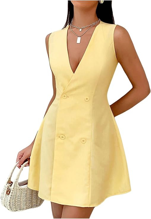 SOLY HUX Women's Wrap V Neck Mini Dress Sleeveless A Line Button Front Flowy Dresses | Amazon (US)