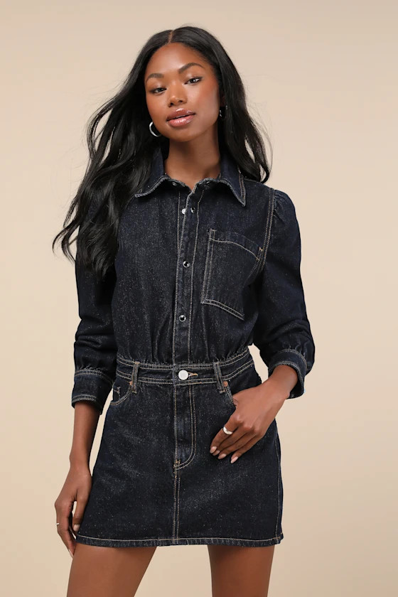 Perfectly Edgy Dark Wash Denim Collared Button-Front Mini Dress | Lulus