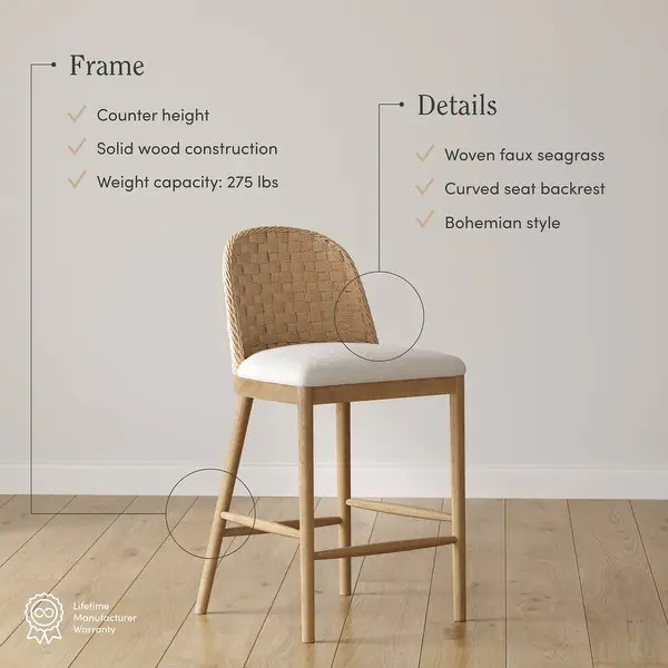 Rikki Seagrass Bar Stool with Back, Cream Boucle Counter Stool with Upholstered Seat and Solid Wo... | Bed Bath & Beyond