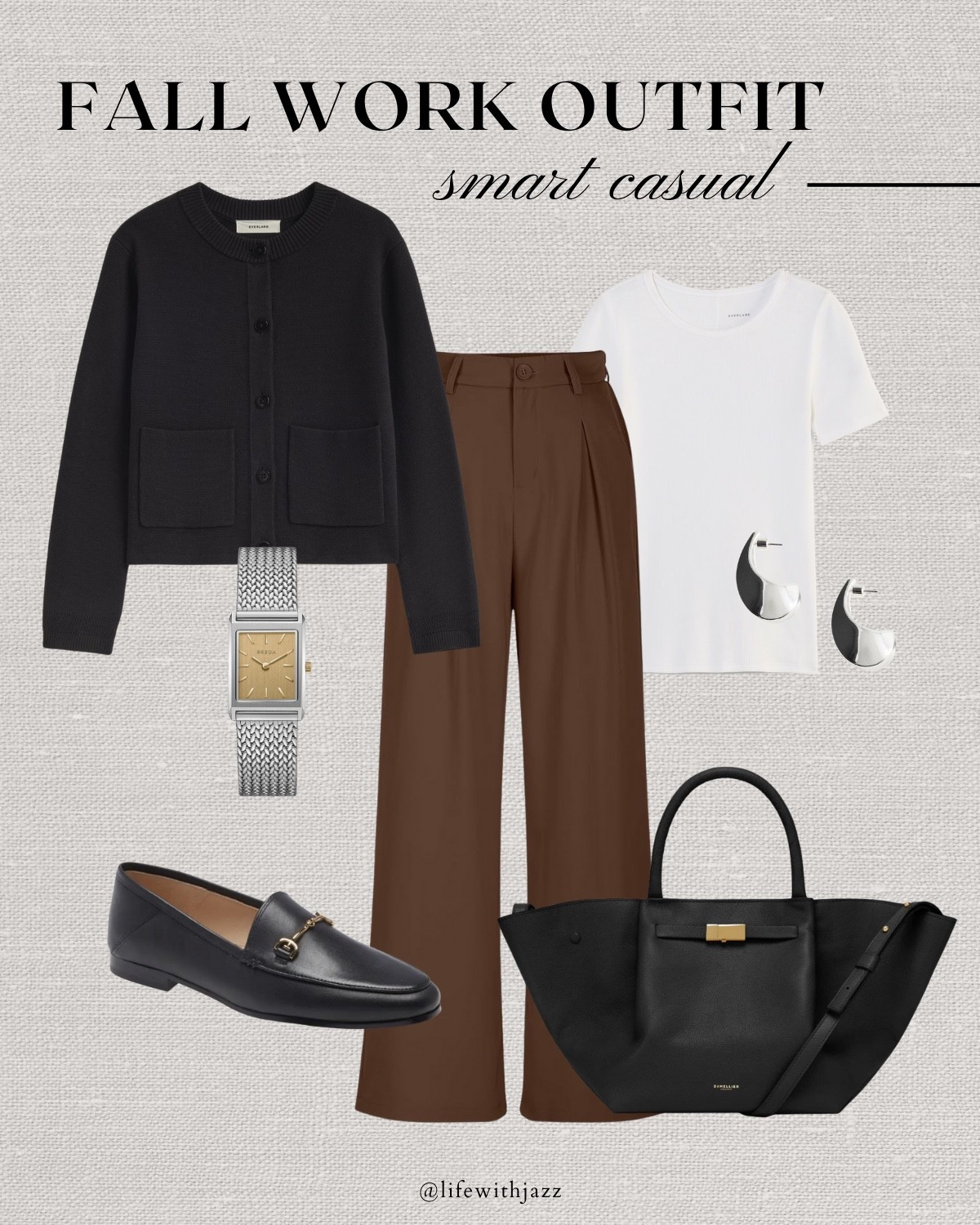 Fall work capsule outfit 

Fall capsule / office outfit / smart casual style/ black sweater cardigan / chocolate brown tailored pant / Demellier tote / black loafers 

#LTKStyleTip #LTKWorkwear