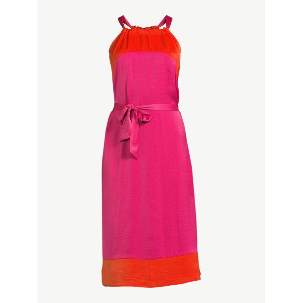 Scoop Women's Halter Top Color Block Midi Dress with Tie at Waist - Walmart.com | Walmart (US)