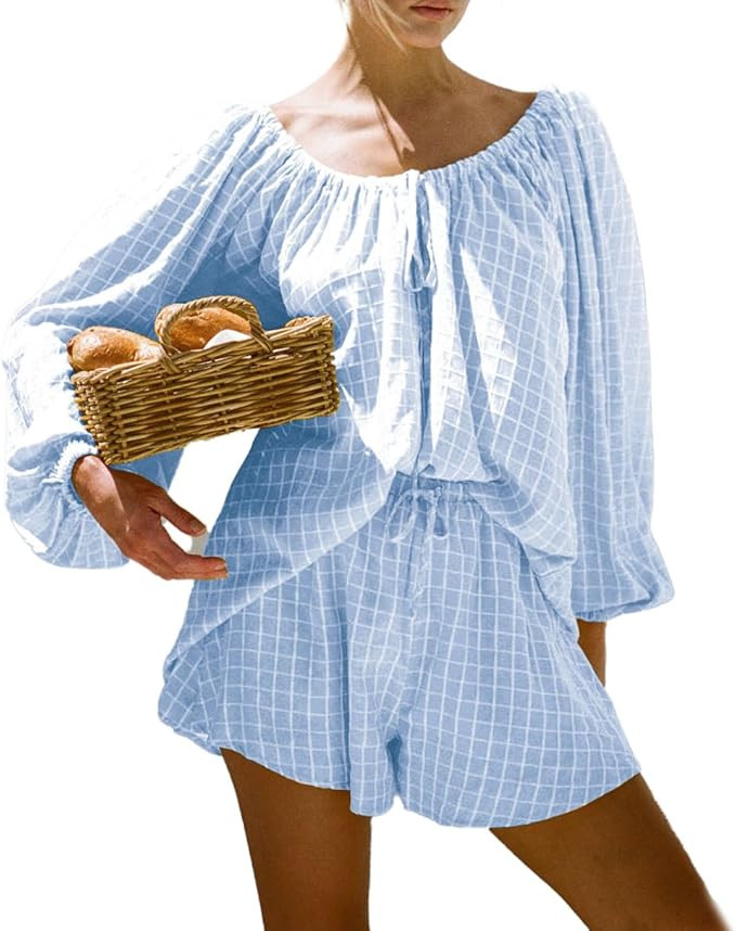 Xfileen Women Plaid Bubble Oversize Long Sleeve Top Shorts 2 Piece Cozy Beach Vacation Outfits Lo... | Amazon (US)