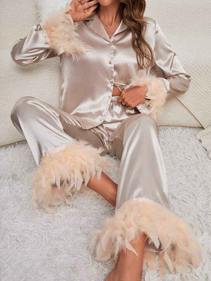 Women'S Satin & Plush Joint Sleeve Cuff Long Sleeve Pajama Set | SHEIN