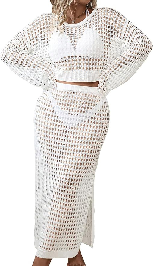 GORGLITTER Women's Plus Size 2 Piece Crochet Cover Ups Long Sleeve Knitted Hollow Out Skirt Set B... | Amazon (US)