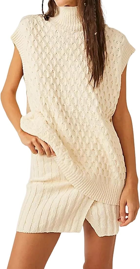 Women's Two Piece Outfits Sleeveless Sweater Vest and Mini Skirt Set Mock Neck Knit Pullover and ... | Amazon (US)