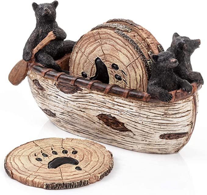 Bear Coasters Set – 6 Full Size Rustic Coasters in Handmade Canoe with Adorable Black Bear Figu... | Amazon (US)