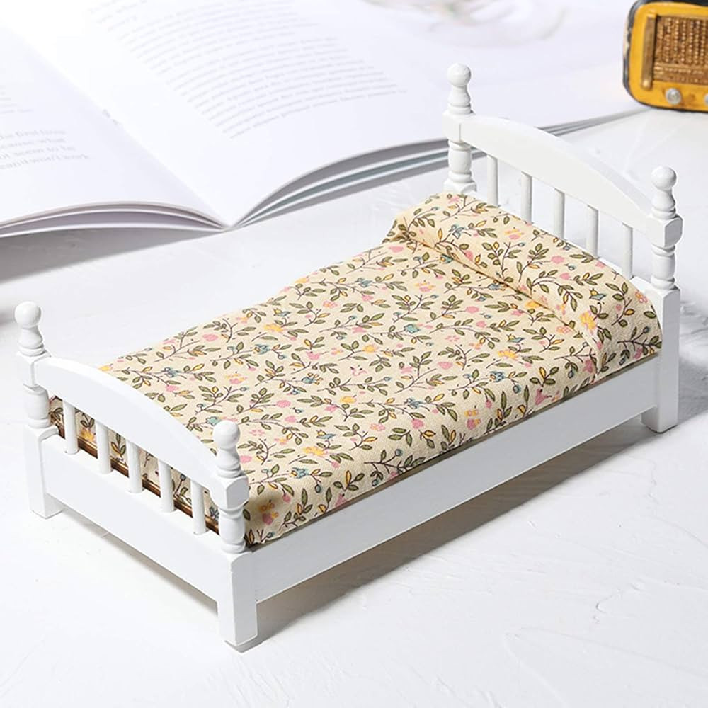 helegeSONG 1/12 Scale Dollhouse White Wooden Bed with Mattress & Pillow Miniiature Dollhouse Furn... | Amazon (US)