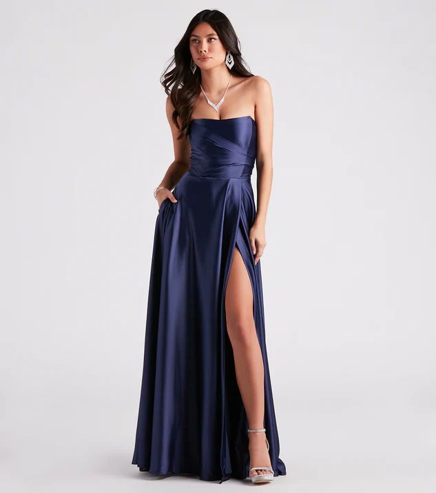 Briana Formal Satin Strapless A-Line Dress | Windsor Stores