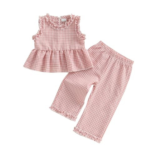 GOOCHEER Toddler Girl Clothes Baby Summer Outfits Plaid Ruffle Sleeveless Vest Tank Tops Pants Set 12 18 24 Month 2T 3T 4T (#Ruffle-Pink, 18-24 Months) | Amazon (US)